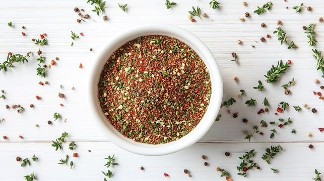 A top-down view of an empty white bowl filled with ground cumin, thyme, and pepper on a clean white wooden surface