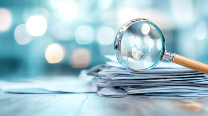 Obraz premium Detailed Examination Magnifying Glass on Stack of Documents