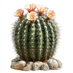 Stunning Cactus with Vibrant Pink Flowers and Green Spines Growing on a Rock Base for Decorative Purposes