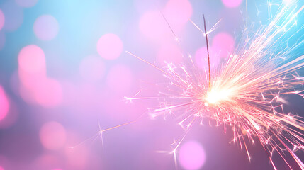 Obraz premium A dazzling sparkler radiating light against a soft, dreamy bokeh background in pink and blue tones. Selective focus. Suitable for festive greetings, celebratory visuals, and seasonal marketing