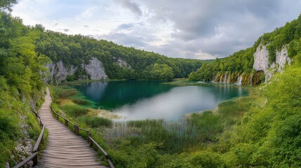 Fototapeta premium Wooden path to serene lake, waterfalls, lush forest; nature travel