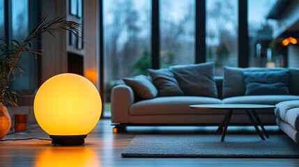 Warm-toned spherical lamp illuminates modern living room with large windows and comfortable sofa.