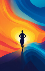 Dynamic Runner Silhouette: A lone figure sprints energetically towards the radiant sunrise, a vibrant and colorful landscape mirroring the intensity of the athlete's journey.