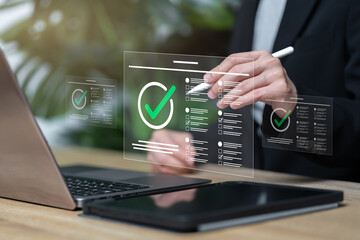 Quality-approved concept, Businesswomen quality checklist online, Assessment and questionnaire, ...
