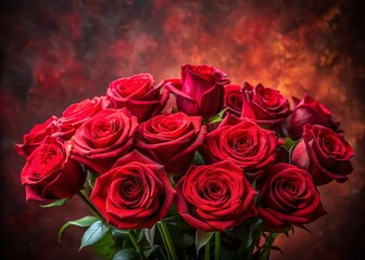 Obraz premium Lush Red Rose Bouquet Against Vibrant Red Background - Stock Photo