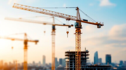 Fototapeta premium A construction site featuring cranes against a sunset backdrop, highlighting urban development and infrastructure growth.