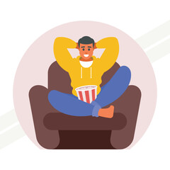 Man holding a container of popcorn