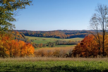 Fototapeta premium A serene countryside view of rolling hills painted with fiery autumn colors under a clear sky