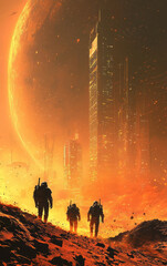 Fototapeta premium Mars Expedition: A daring trio of space explorers venture across the desolate terrain of Mars, their silhouettes stark against a towering city on the horizon.