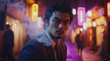 Fototapeta premium A serious young man in a suit stands in a smoky, neon-lit city street at night.