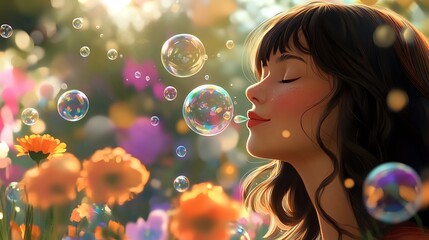 Naklejka premium Bubbles, Flowers, Sunlight, and Joy