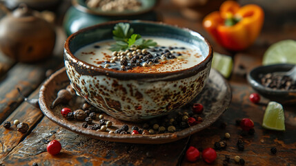 hot soup in a bowl on wooden table