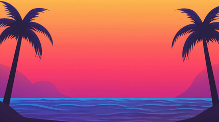 Obraz premium Tranquil Summer Sunset Over Ocean Waves With Silhouetted Palm Trees in Vibrant Colors