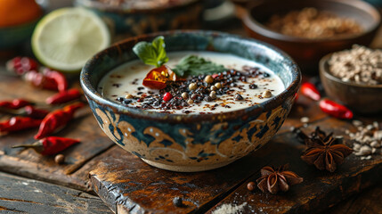 hot soup in a bowl on wooden table