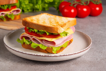 Close-up of two sandwiches with bacon, salami, prosciutto and fresh vegetables on rustic wooden cutting board. Club sandwich concept