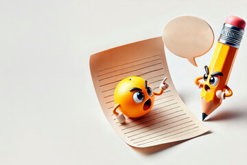 An argument between an orange and a pencil on a piece of paper. Space for text.