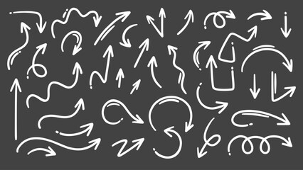 Chalk arrows line icons. Outline hand drawn pastel crayon pencil sketches, different shapes of pointers and cursors design elements on black board background, scratch arrows icons vector illustration