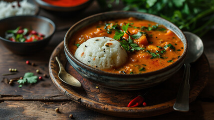 indian dish  idli and curry in bowl