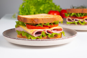 Close-up of two sandwiches with bacon, salami, prosciutto and fresh vegetables on rustic wooden cutting board. Club sandwich concept
