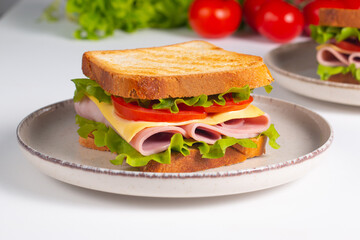 Close-up of two sandwiches with bacon, salami, prosciutto and fresh vegetables on rustic wooden cutting board. Club sandwich concept