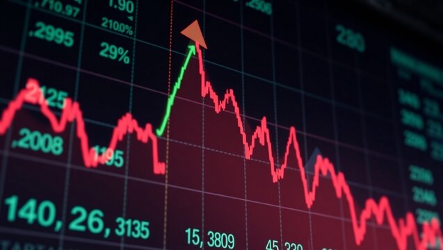stock market chart, financial data visualization, glowing neon arrows, upward trend, green and red lines, digital display, dark background, futuristic interface, economic growth, investment analysis, 