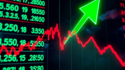stock market chart, financial data visualization, glowing neon arrows, upward trend, green and red lines, digital display, dark background, futuristic interface, economic growth, investment analysis, 