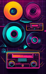 Fototapeta premium Neon Vibes: The vintage aesthetics of vinyl records and cassette players pulsate with colorful energy against a retro-futuristic background.