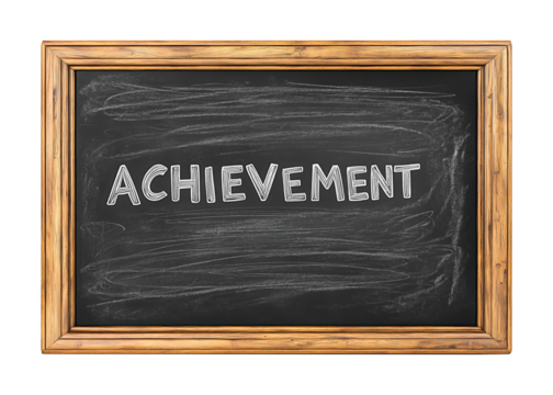 Framed chalkboard with achievement text on it isolated against a white or transparent background, achievement message on chalkboard png image
