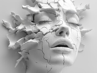 A white, cracked, sculpted female face emerging from a flat surface, with an open mouth and closed eyes, conveying themes of emotional distress, pain, or breaking free.