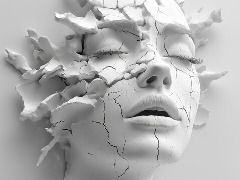 A white, cracked, sculpted female face emerging from a flat surface, with an open mouth and closed eyes, conveying themes of emotional distress, pain, or breaking free.