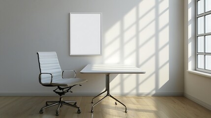 Modern office interior, desk, chair, sunlight, mockup poster, workspace