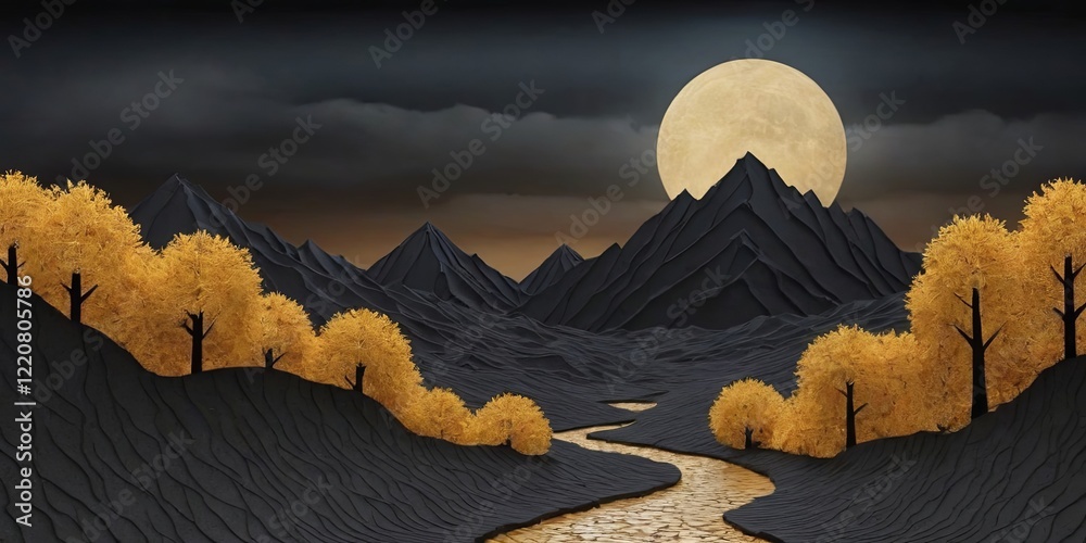 Poster A mountain range with a river running through it and a full moon in the sky