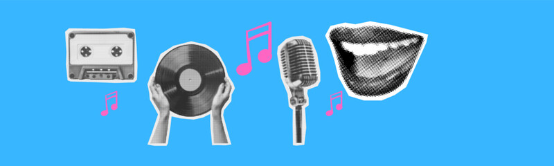 music collage set with audio cassette vintage microphone singing mouth vinyl record on dark checkered background halftone collage cut-out elements © ayb