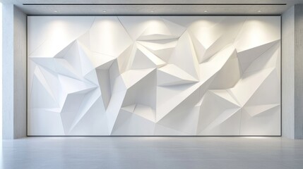abstract white geometric wall with 3d polygonal shapes in modern interior. minimalist design with sharp angles and clean lines. suitable for architecture, design projects, wallpaper, or background.