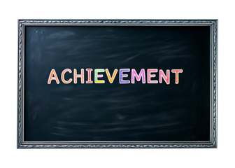 Chalkboard with colorful achievement message, metallic frame isolated against a white or transparent background, achievement message on chalkboard png image