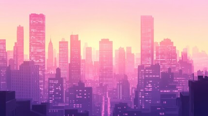 Fototapeta premium vibrant city skyline at sunset with pink and purple hues creating dramatic silhouette effect. urban landscape concept. perfect for backgrounds, posters, and travel guides.