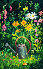 Blooming Garden Scene: A vivid artwork of a charming garden, complete with a metal watering can, abloom with a variety of vibrant flowers and flourishing plants, evoking a sense of serenity.