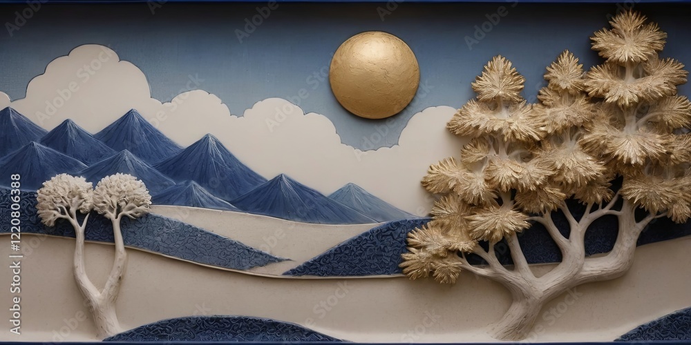 Poster a mountain range with a blue sky and a large sun in the background