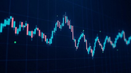 stock market chart, candlestick graph, financial data visualization, glowing neon lines, blue and pink colors, digital display, trading analysis, economic trends, investment dashboard, futuristic inte