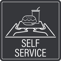 Isolated self-service sign with an illustration of a burger and drink cup on a tray held by a hand, in outline form