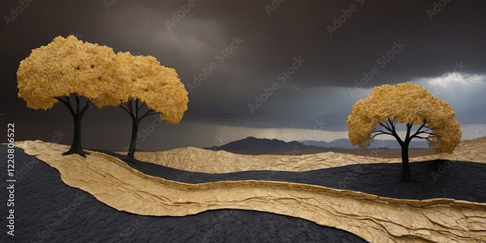 Poster A landscape with two trees and a path