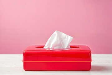 A red tissue box isolated on a pink background with copy space