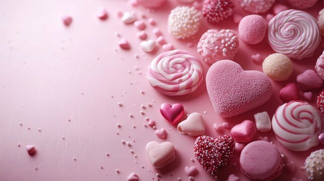 Assorted pink sweets with copy space for valentine's day greetings or party invitations