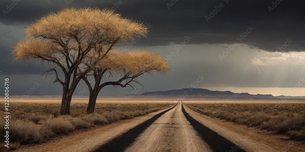 Poster a road with a tree in the middle of it