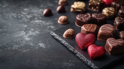 Assorted heart shaped chocolate candies on dark slate for romantic celebrations
