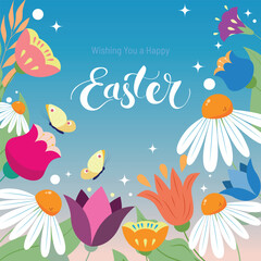 Happy Easter Banner, a Greeting Card with colorful spring flowers against blue sky and butterflies. Easter Holiday Card Vector Illustration