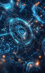 Digital Circuitry: A close-up view of a complex digital circuit with glowing blue and orange lights, representing the intricate web of modern technology and the interconnectedness of information. 