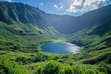 A serene mountain valley with a shimmering lake at its heart, surrounded by lush summer vegetation