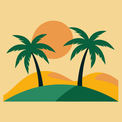Two palm trees on either side and a hill in the middle