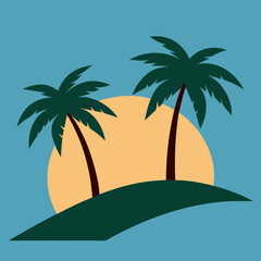 Two palm trees on either side and a hill in the middle